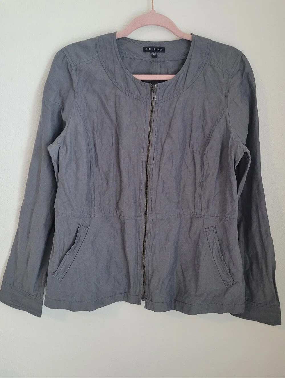 Eileen Fisher Grey Cotton Metallic Zip Front Light Jacket Collarless Utility M